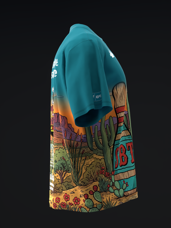Teal bowling jersey with desert landscape and cactus graphic on lower front panel