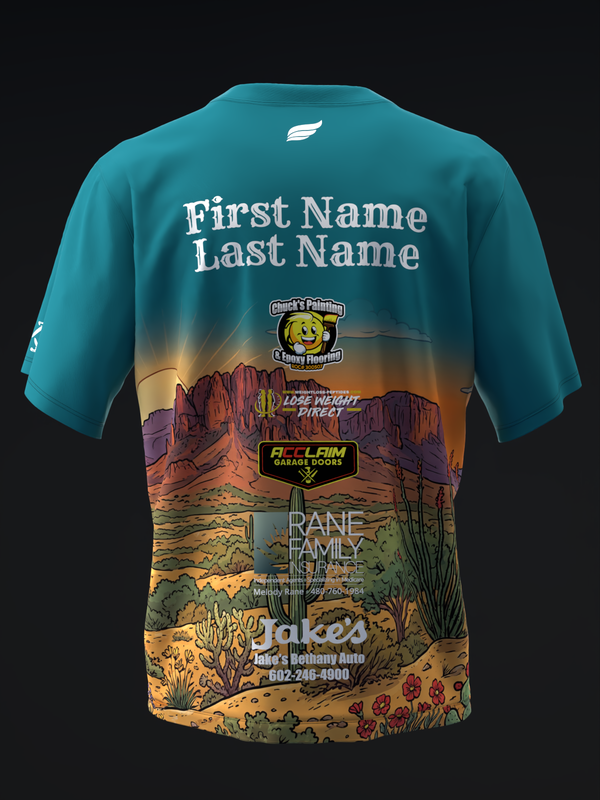 Teal bowling jersey with desert landscape graphic and personalized name placement on back