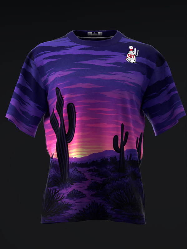 Purple bowling jersey with desert sunset and cactus graphic on front