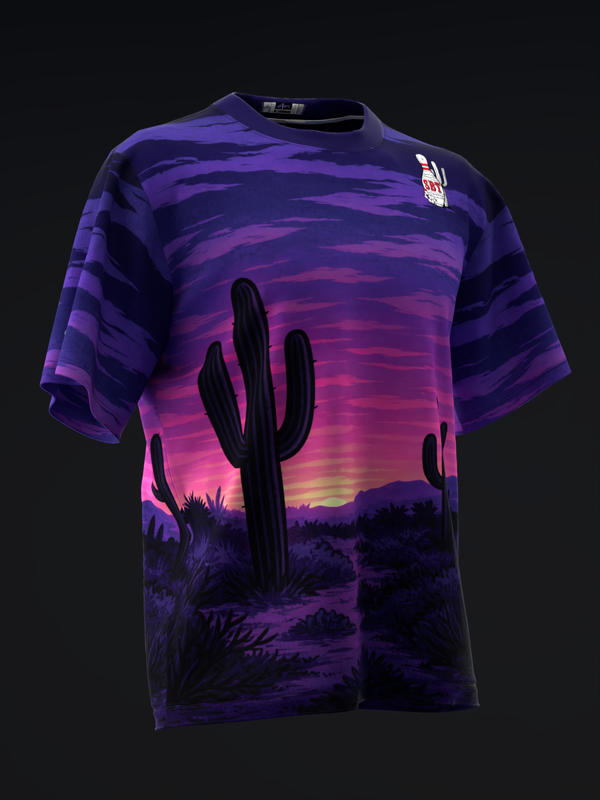 Purple bowling jersey with desert sunset and saguaro cactus graphic