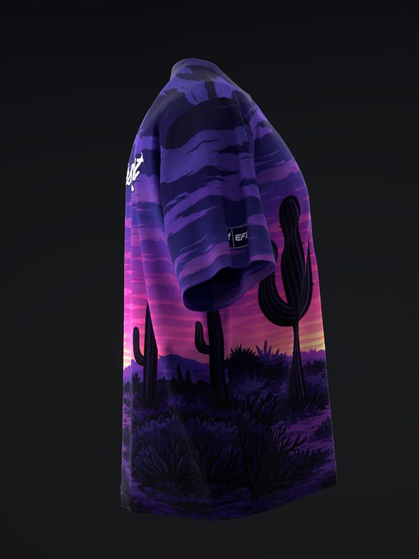 Purple bowling jersey with desert sunset and cactus graphic, side view