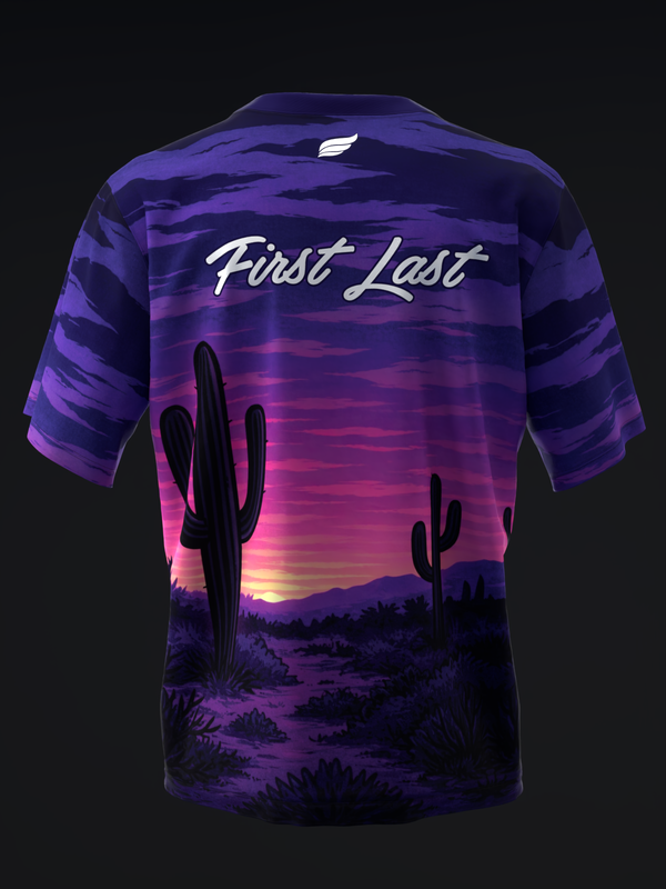 Purple bowling jersey with desert sunset graphic and saguaro cacti, back view