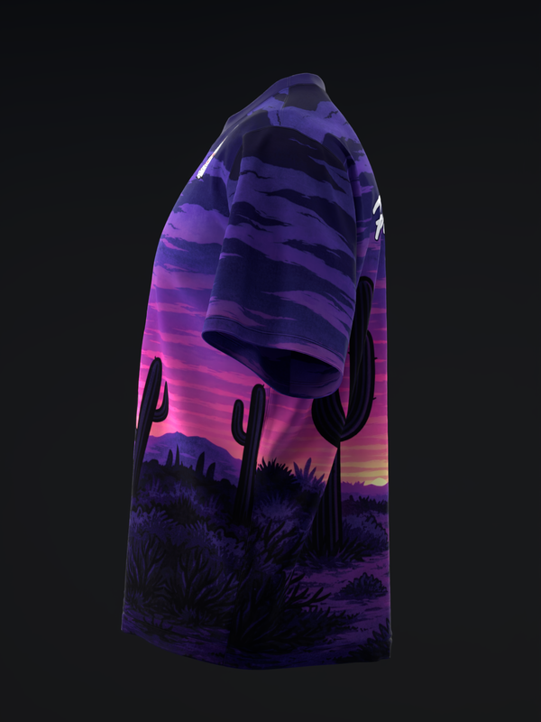 Purple bowling jersey with desert sunset and saguaro cactus graphic, side view
