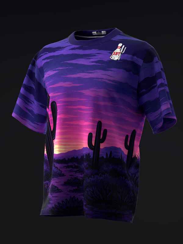 Purple bowling jersey with desert sunset gradient and silhouetted cacti design, front view