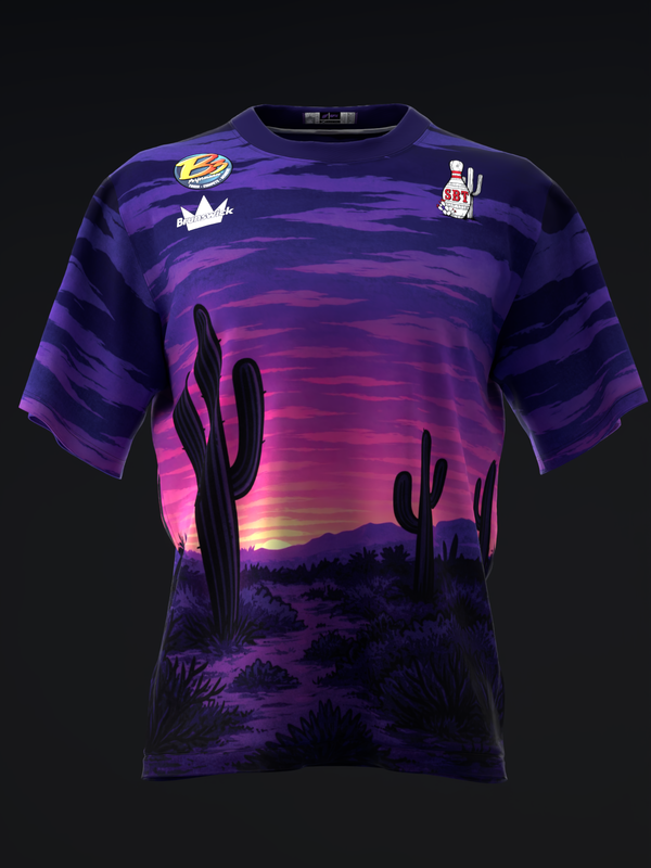 Purple bowling jersey with desert sunset and cactus graphic on front