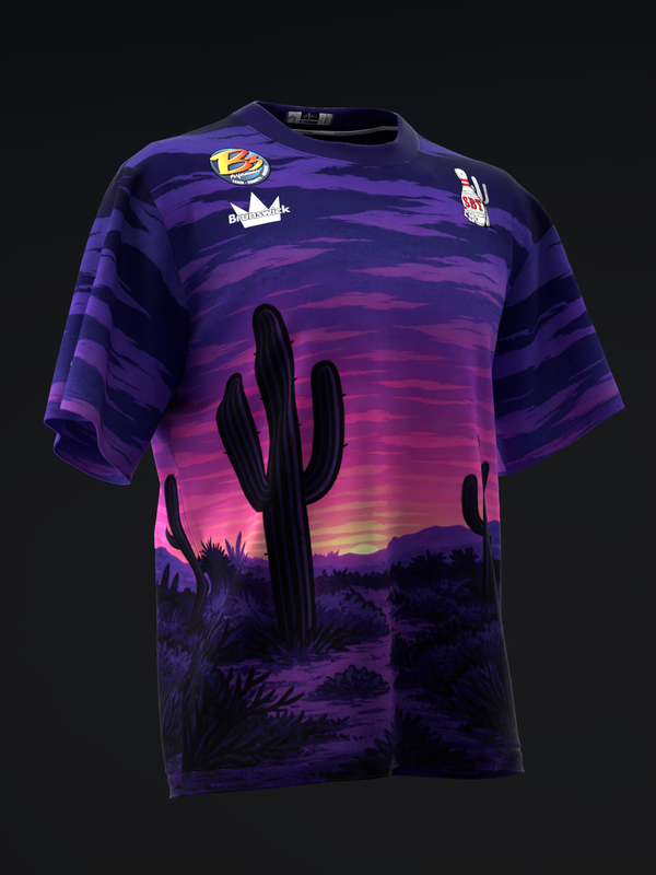 Purple bowling jersey with desert sunset and cactus graphic, front view