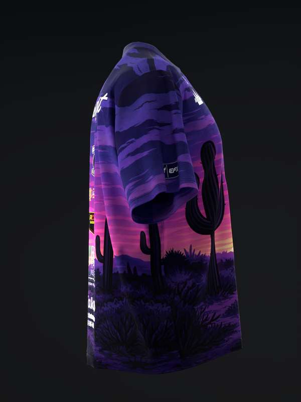 Purple and pink bowling jersey with desert sunset and cactus graphic, side view