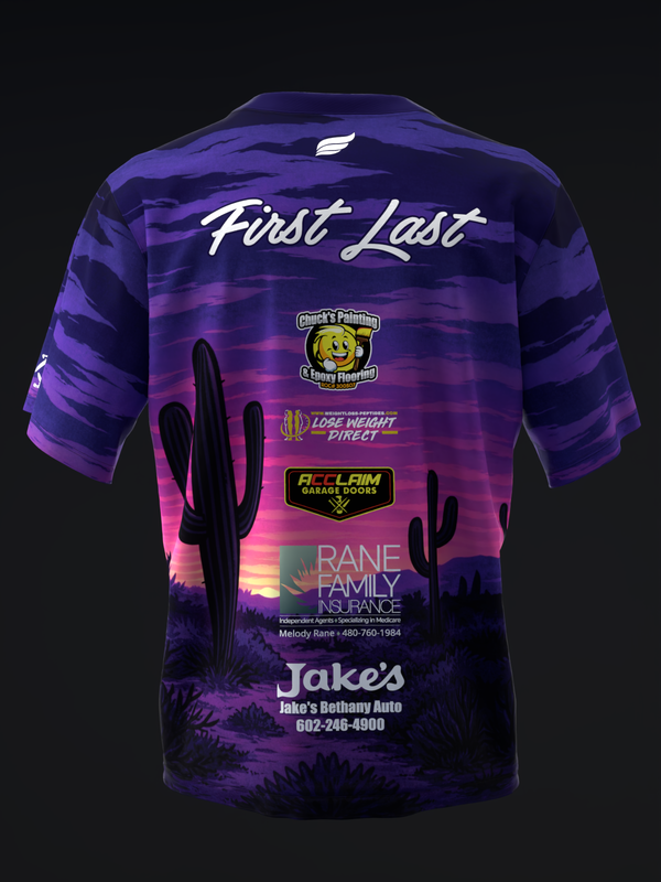 Purple bowling jersey back view with desert sunset graphic and sponsor logos