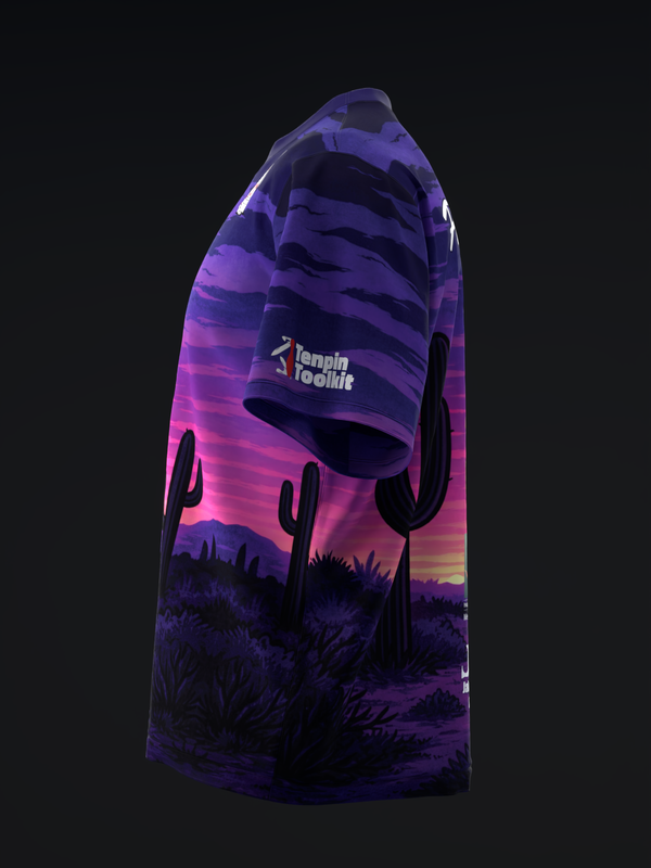 Purple bowling jersey with desert sunset and saguaro cactus graphic, side view
