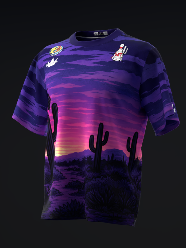 Purple bowling jersey with desert sunset and cactus graphic, front view