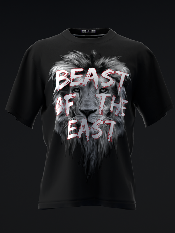 Black bowling jersey with lion face graphic and white red-outlined text