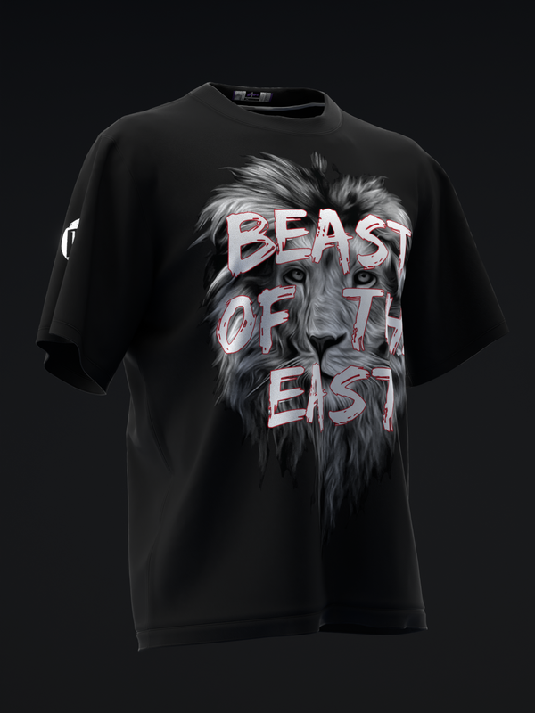 Black bowling jersey with grayscale lion face and white text graphic front view