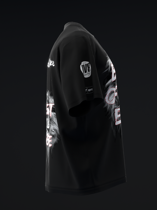 Black bowling jersey with white graphic design and text on side view