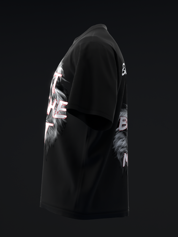 Black bowling jersey with white and red graphic design on sleeves, side view