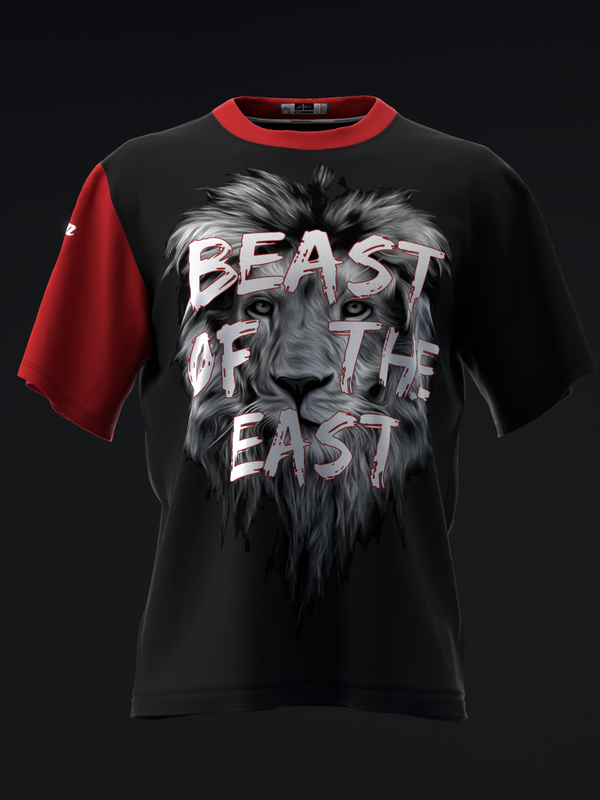 Black bowling jersey with red sleeves and lion graphic with text overlay