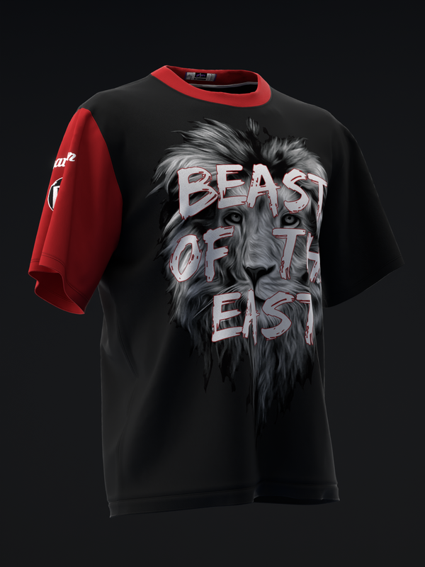 Black bowling jersey with red sleeves and lion graphic with Beast of the East text