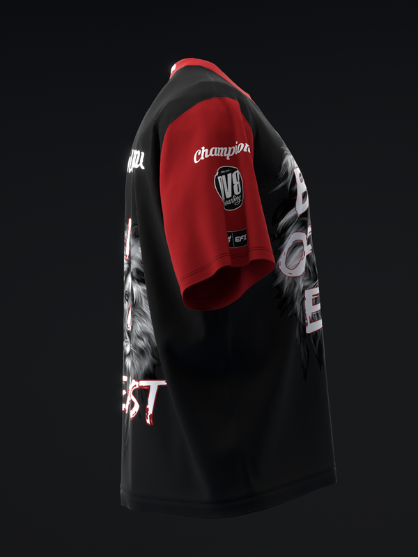 Black and red bowling jersey with champion graphic and sleeve text detail