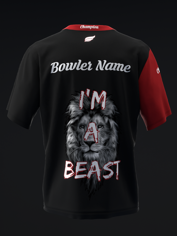 Black bowling jersey with red sleeves, lion graphic, and customizable bowler name text