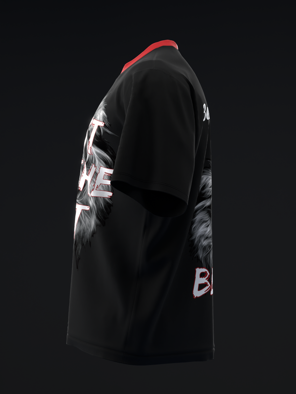 Black bowling jersey with white and pink graphic design, side view