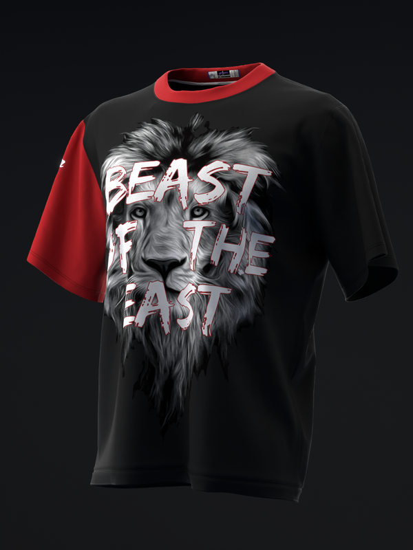 Black bowling jersey with red sleeves and lion graphic with white text overlay
