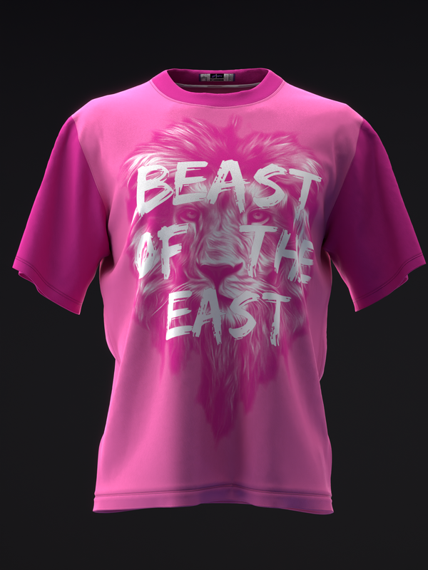 Pink bowling jersey with white lion graphic and Beast Of The East text