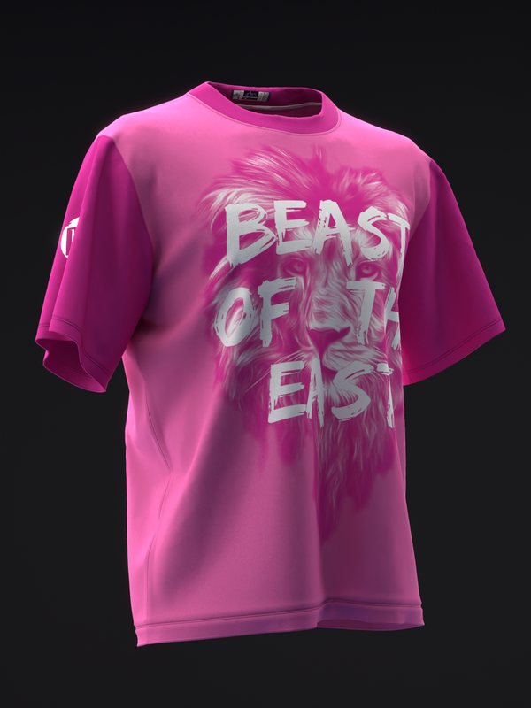 Bright pink bowling jersey with white lion graphic and Beast of the East text