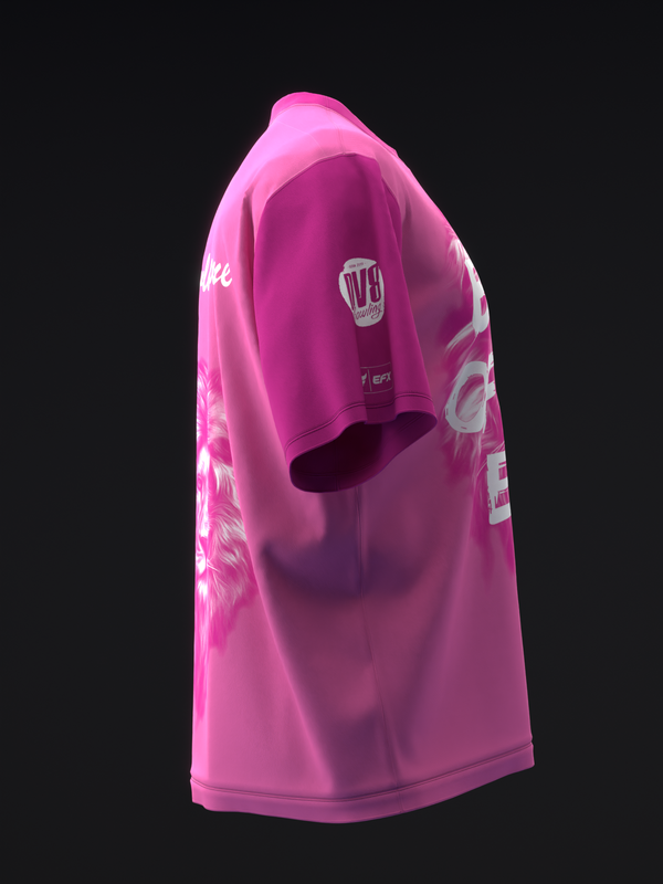 Bright pink bowling jersey with white graphics and logo on side view