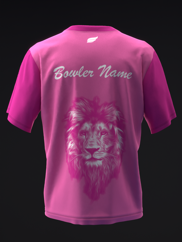Bright pink bowling jersey back view with lion head graphic and bowler name text