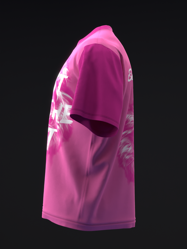 Hot pink bowling jersey with white graphic design on sleeve, side view