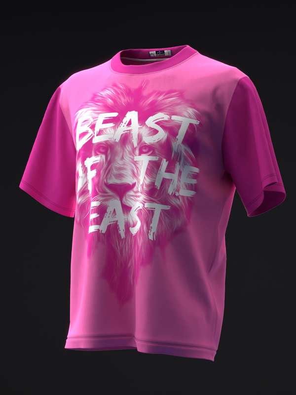 Bright pink bowling jersey with white lion graphic and text design, front view
