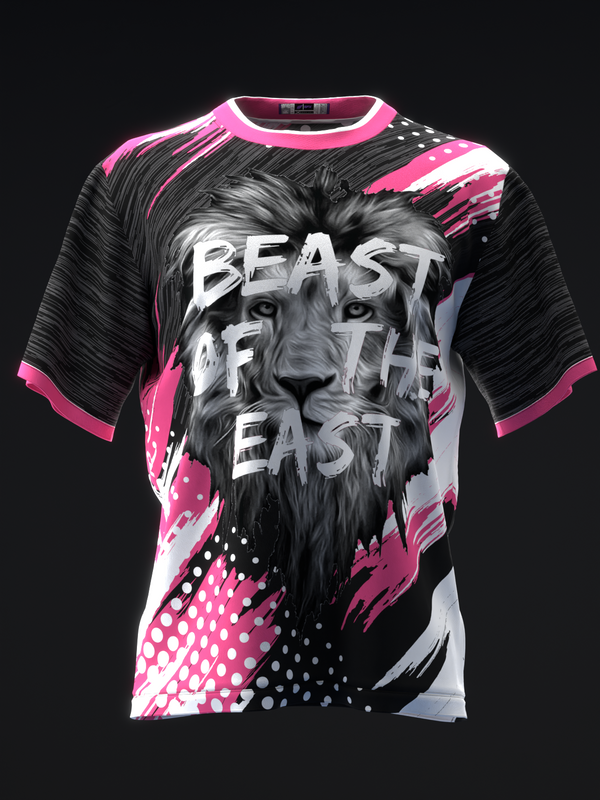 Black and pink bowling jersey with lion graphic and text design, front view