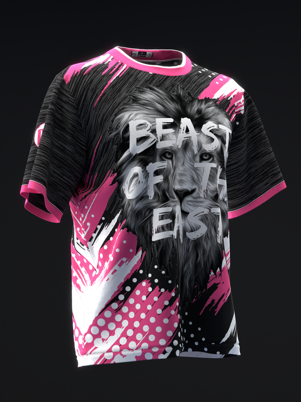 Black bowling jersey with neon pink accents and lion graphic with text overlay