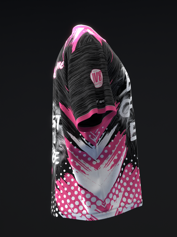 Black and pink bowling jersey with geometric patterns and white text details