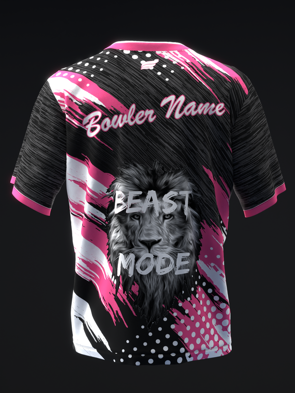 Black bowling jersey with pink and white accents, beast graphic, front view