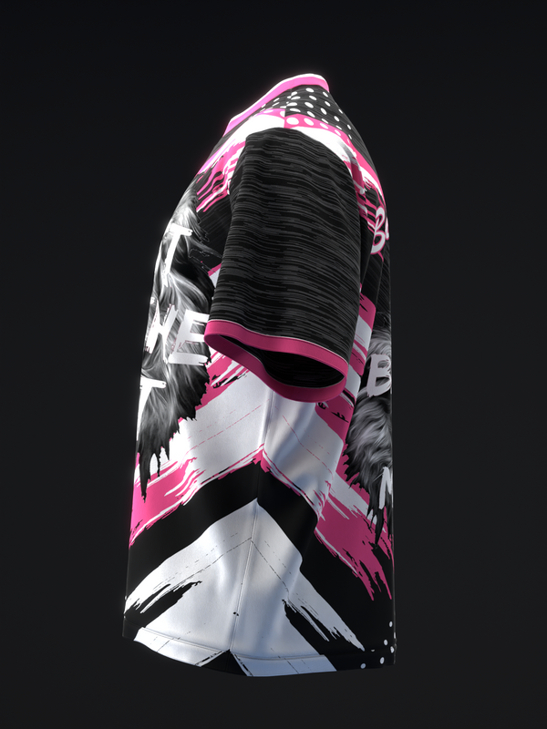 Black bowling jersey with pink and white graphic design, side view