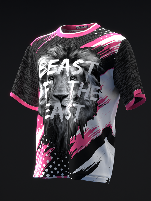 Black and pink bowling jersey with lion graphic and text design, front view