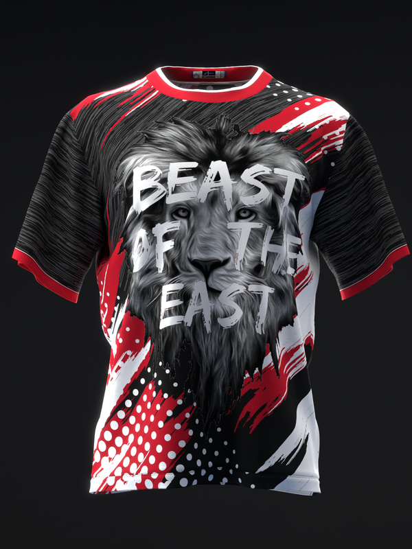 Black red and white bowling jersey with lion face graphic and text design front view