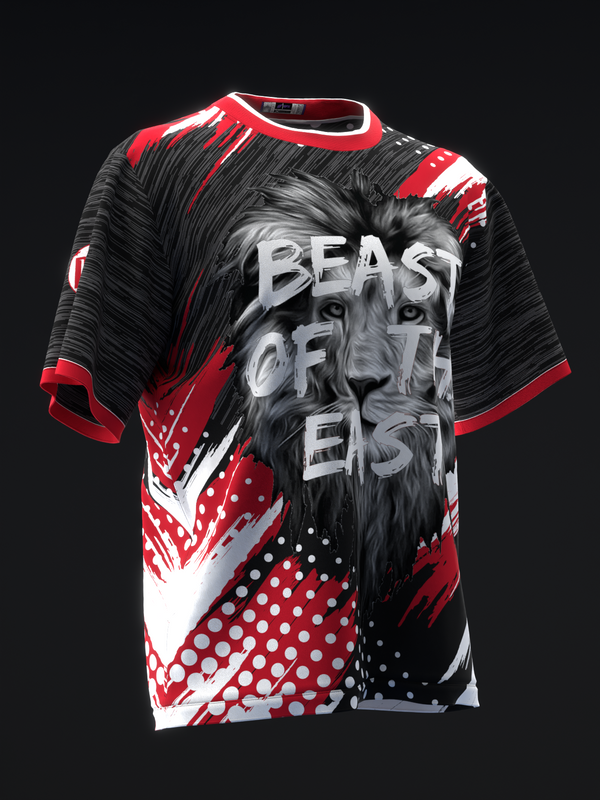 Black bowling jersey with lion graphic, red and white geometric patterns and accents