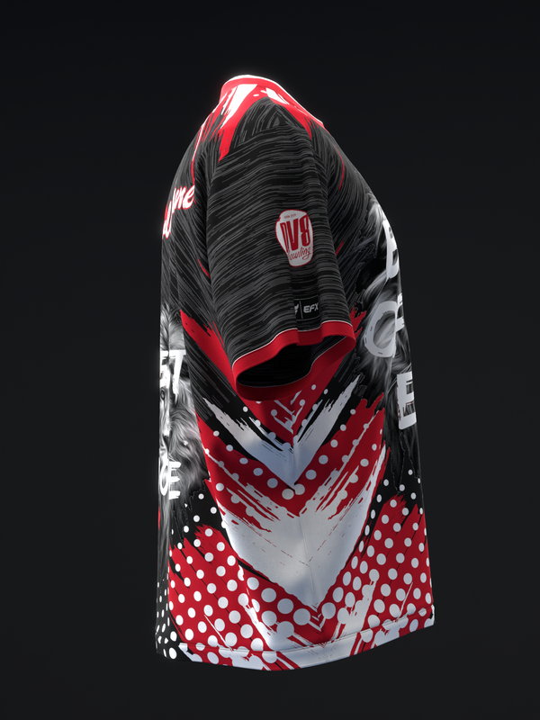Black, red, and white bowling jersey with geometric and dotted pattern design, side view