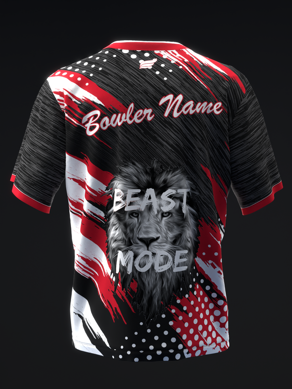 Black bowling jersey with red and white accents, wolf graphic, and beast mode text