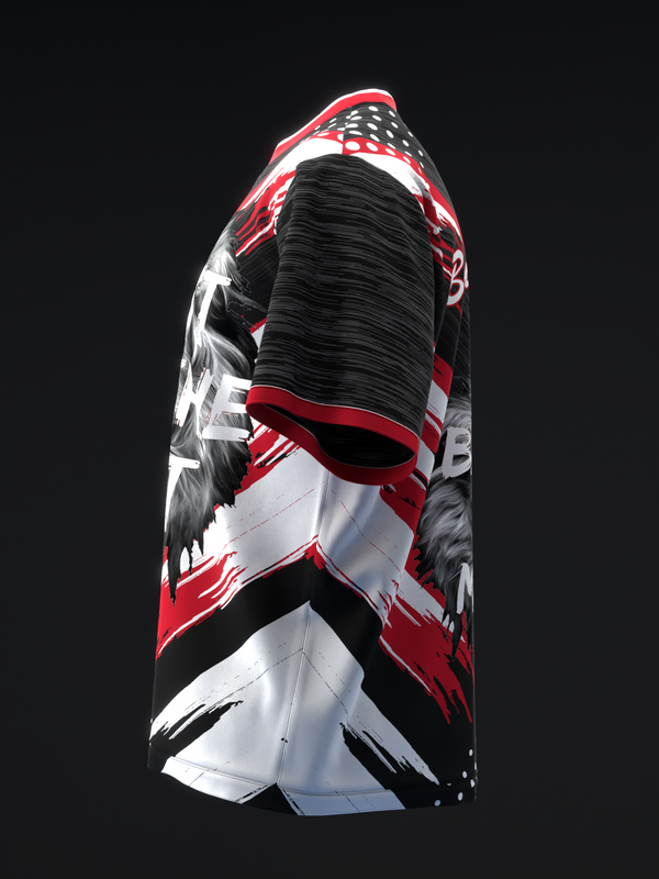 Black bowling jersey with red and white graphic design, side view