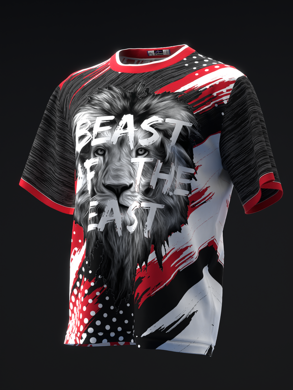 Black, red, and white bowling jersey with lion graphic and text design, front view