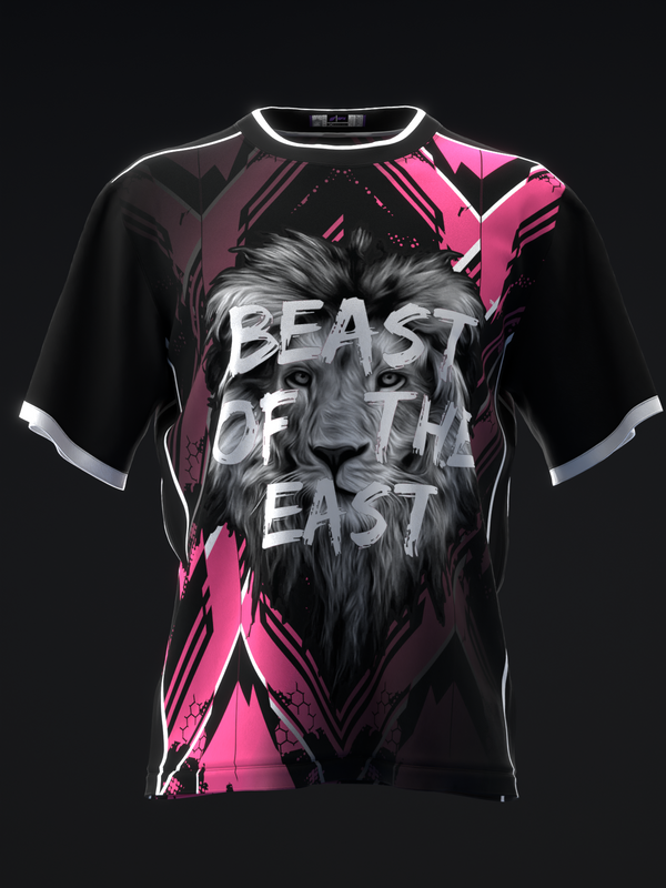Black bowling jersey with pink accents and large lion graphic with text overlay