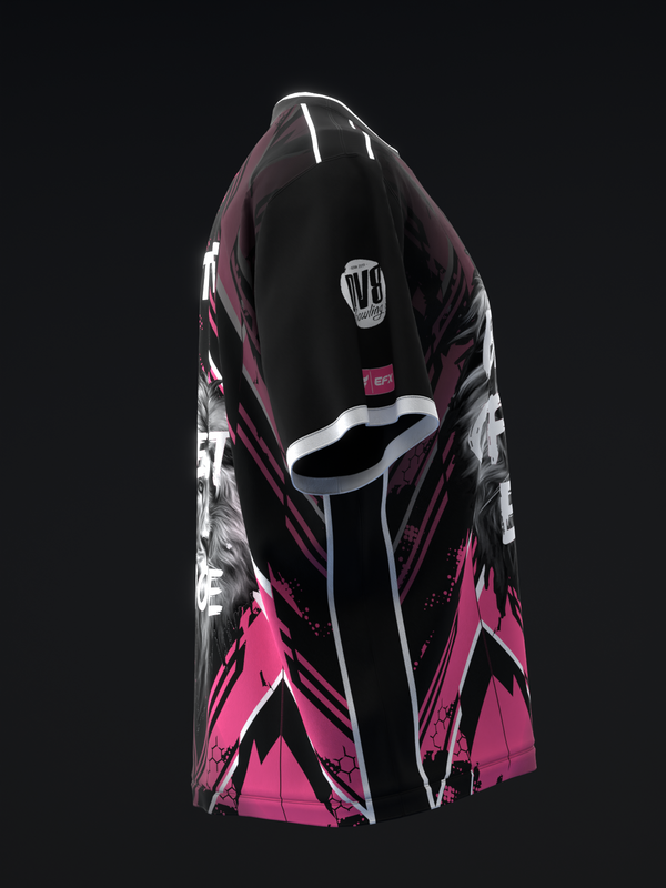 Black and pink bowling jersey with geometric and striped pattern design, back view