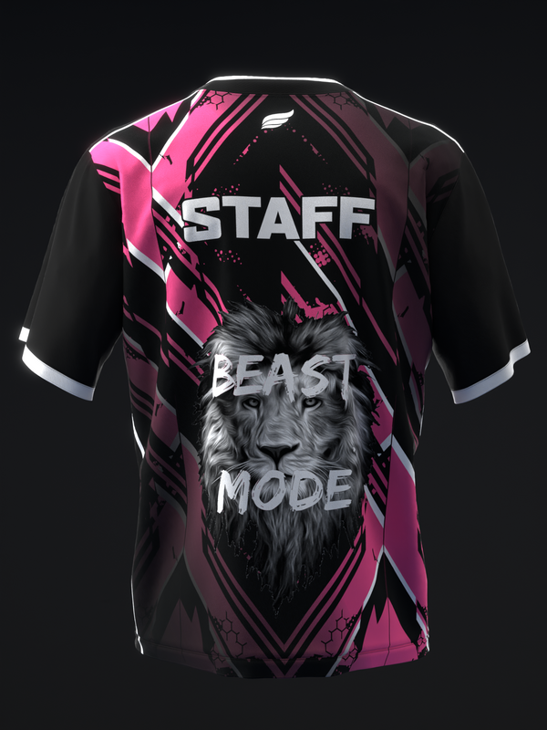 Black and pink bowling jersey with wolf graphic and Beast Mode text front view