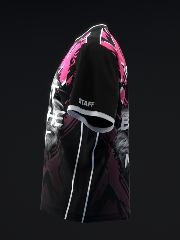 Black bowling jersey with pink and white geometric design and staff text