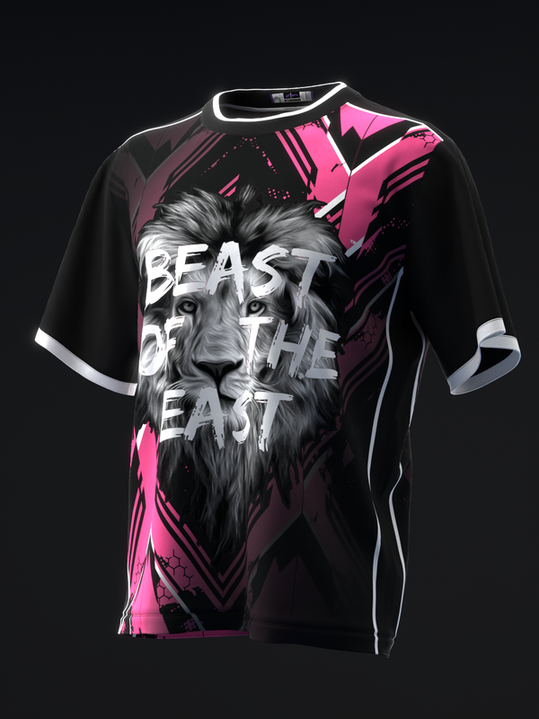 Black bowling jersey with pink geometric accents and lion graphic print front view