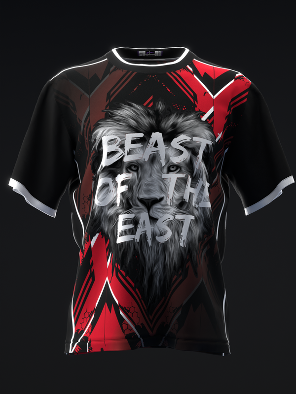 Black bowling jersey with red accents and large lion graphic featuring Beast of the East text
