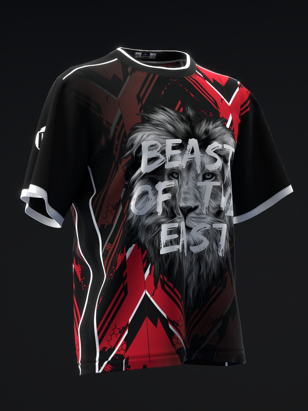 Black bowling jersey with lion face graphic, red and white geometric design accents