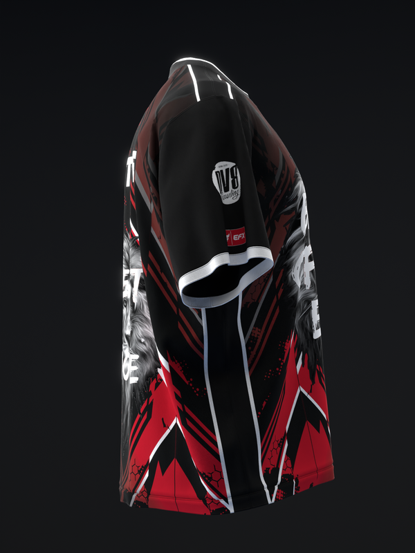 Bowling jersey with red, black, and white geometric pattern design displayed on form